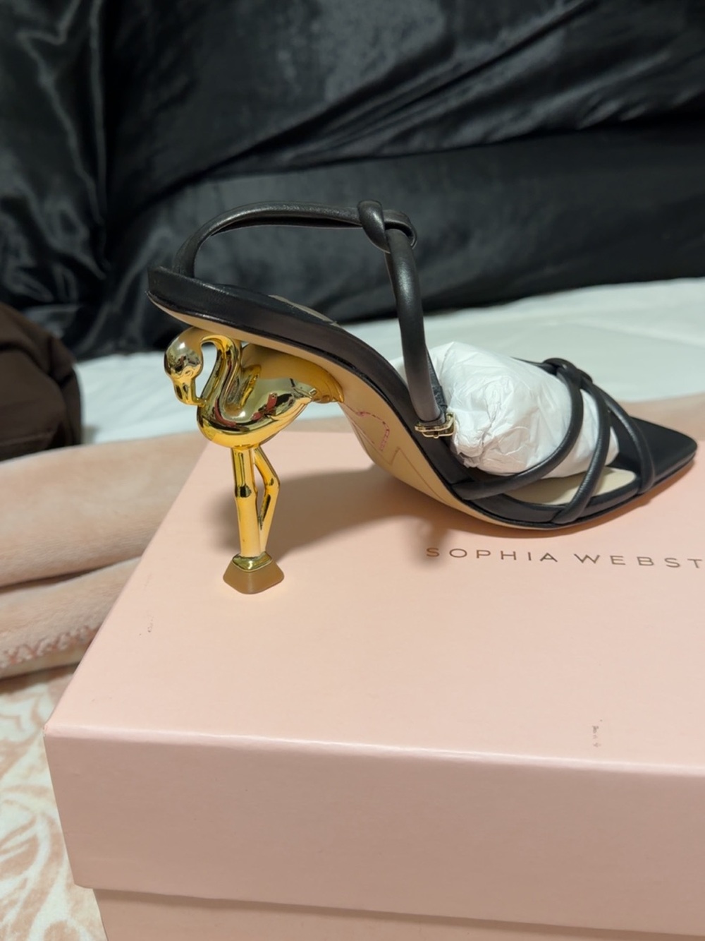 Sophia Webster Black Strappy Mule with Gold Sculptural Heel